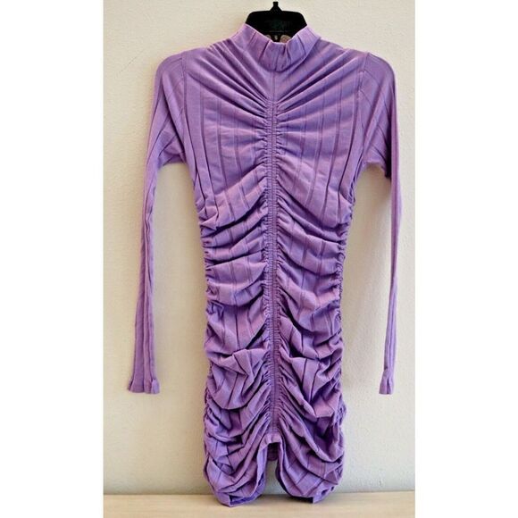 Monrow Women's Sz Small Purple Flat Rib Mock Neck L/S Shirred Mini Dress - Picture 4 of 10